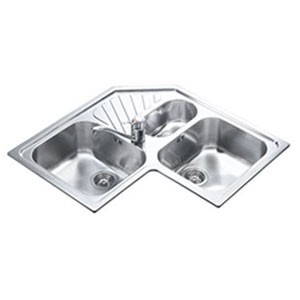 Corner sink dengan dua bagian dan ceruk tambahan yang terbuat dari stainless steel