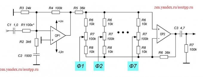 Deskripsi skema dan tujuh-band graphic equalizer dengan filter aktif