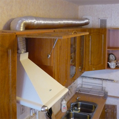 Pemasangan kap mesin ke dalam sistem ventilasi menggunakan pipa bergelombang khusus