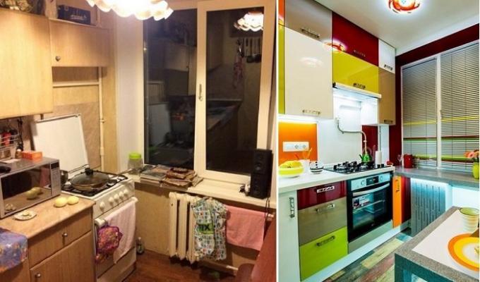 Sebelum dan sesudah: Sebuah transformasi brilian dari dapur di "Khrushchev," seluas 6 meter persegi. m