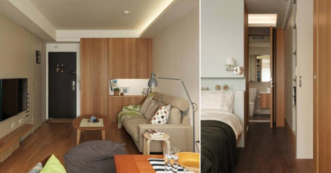 Desain apartemen kecil, yang ternyata dari sebuah studio untuk dua kamar tidur.