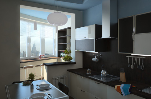 Dapur dengan loggia meningkatkan area dan menciptakan ruang untuk makan dan penyimpanan