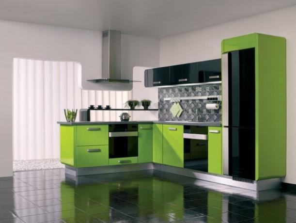 Kombinasi yang dapat diterima antara peralatan rumah tangga berwarna hitam dan headset hijau muda dalam gaya Art Nouveau.