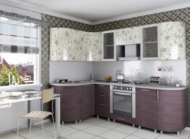 Seri dapur modular "Anggrek" dengan motif bunga lapang, lengkap dengan wastafel di sudut.