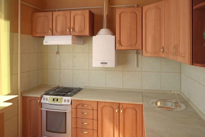 Dapur dengan pemanas air gas: cara menyamarkannya dengan tangan Anda sendiri, instruksi, tutorial foto dan video
