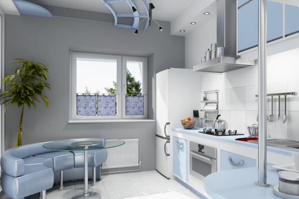 Nuansa biru berasap di interior dapur modern