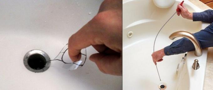 Gunakan spiral serta kabel untuk membersihkan saniter (foto kanan).