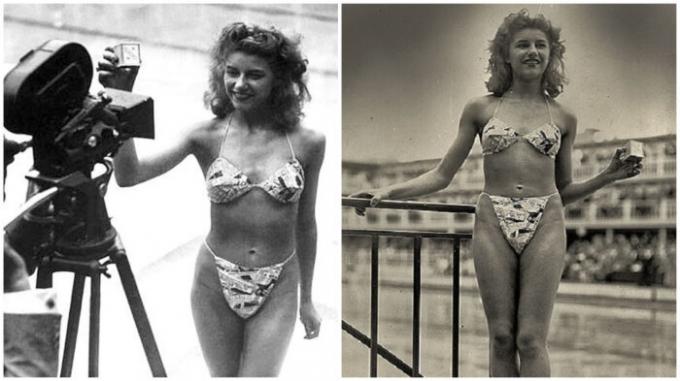 penari 19 tahun Micheline Bernardini - satu-satunya yang setuju untuk mencemarkan dalam bikini (1946).