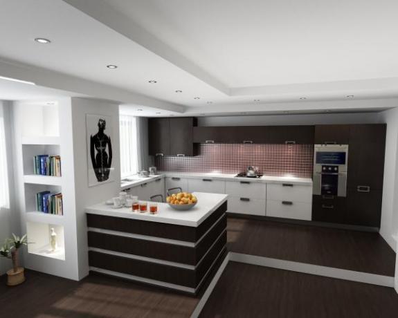 Penggunaan gaya modern tersebar luas dalam desain interior dapur dan ruang tamu.