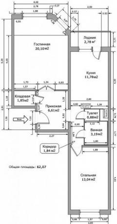 Tata letak apartemen dua kamar di rumah seri IP-46S dengan semua dimensi