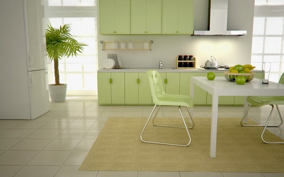 Wallpaper putih untuk dapur hijau, akan lebih menekankan kelembutan nuansa hijau muda