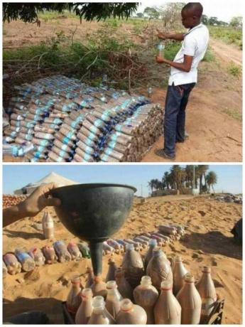 Untuk membuat batu bata asli dalam setiap botol harus menuangkan pasir. | Foto: steemit.com.