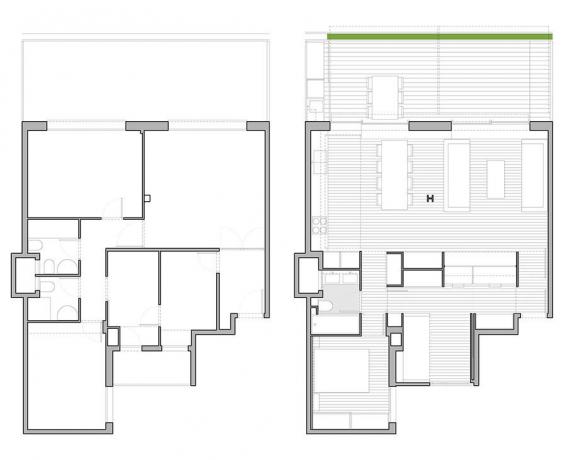 Treshka 65 m², dimana lebih dari setengah - ruang dapur-hidup