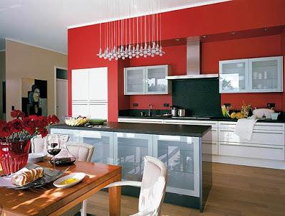 Wallpaper merah cerah untuk dapur hitam dan putih